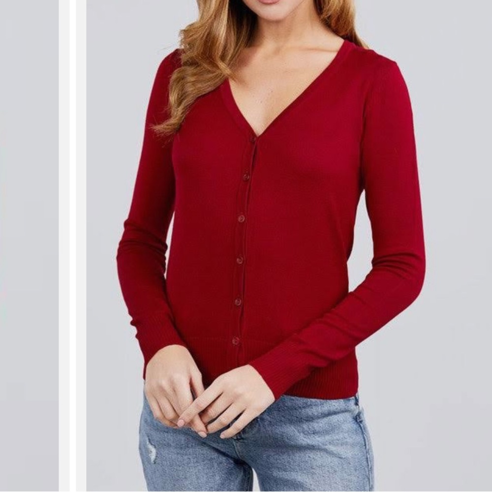 DE Collection Red V-Neck Button Sweater Cardigan